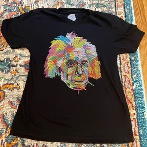 Black sm embroidered tee shirt of Albert Einstein.